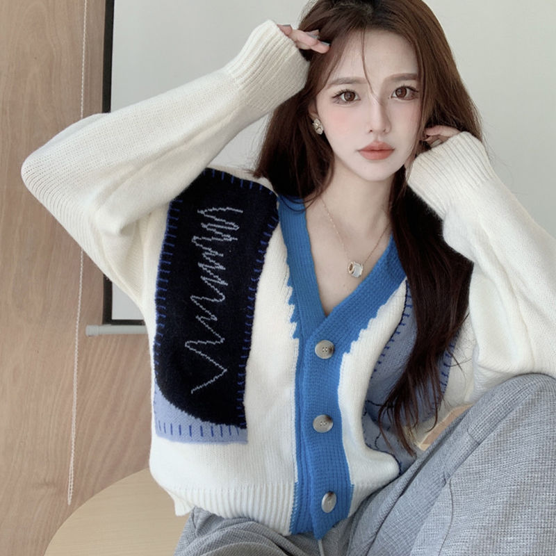 V-neck sweater coat cardigan women autumn winter outwear personality korean style contrast color stitching knitted short top alx