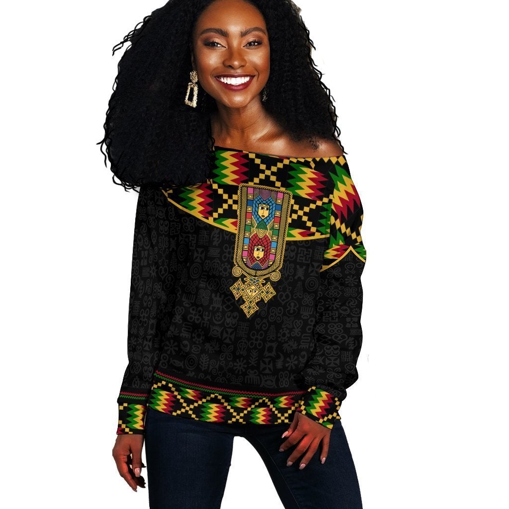 Wonder Print Shop Ethiopia Off Shoulder Sweater, Ethiopia Saba Tilet Kente Women