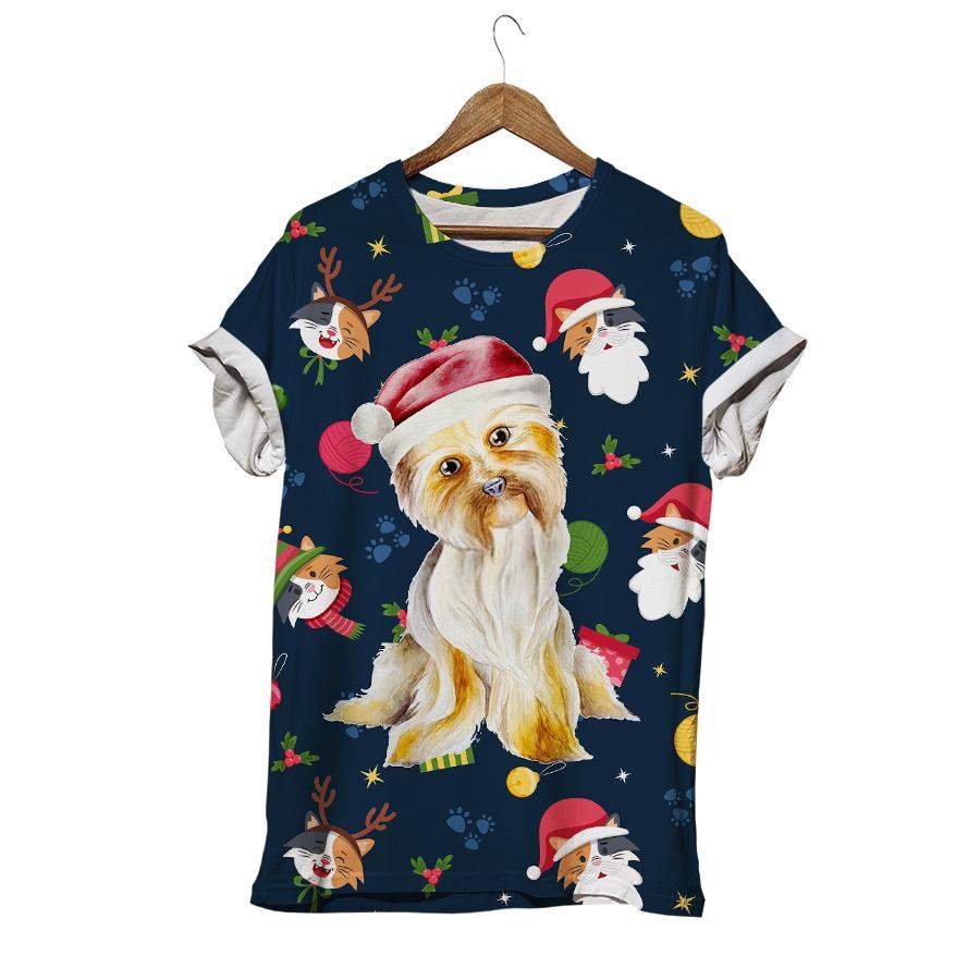 Cute Puppy Wearing Santa Claus Hat  Christmas Pattern Yorkshire Terrier Dog T-shirt