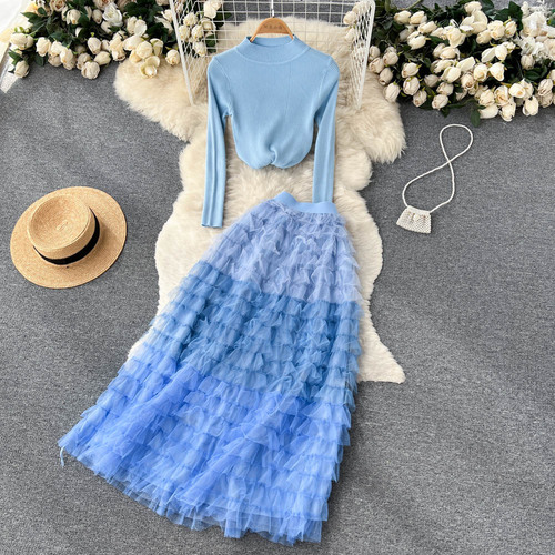 Bugilaku Sweet Gentle Korean New 2 Piece Sets Womens Outfits Stand Collar Simple Knitted Sweaters High Waist A-line Midi Skirts alx