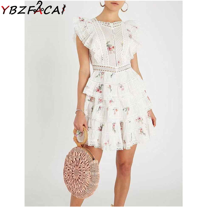 2022 Women Summer Fashion Show White Lace Dress Lace Ruffle Print Sleeveless Backless Dress Embroidered Holiday Cake Dress alx