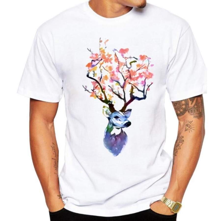 New Men T-Shirt Short Sleeve Deer Art Printed Colorful Design Animal Fashion Top