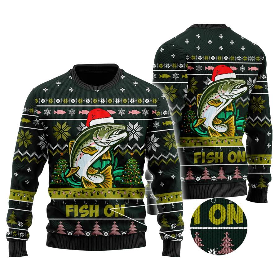 Trout Fishing Fish on Christmas Hat Knitted Sweater AM112054