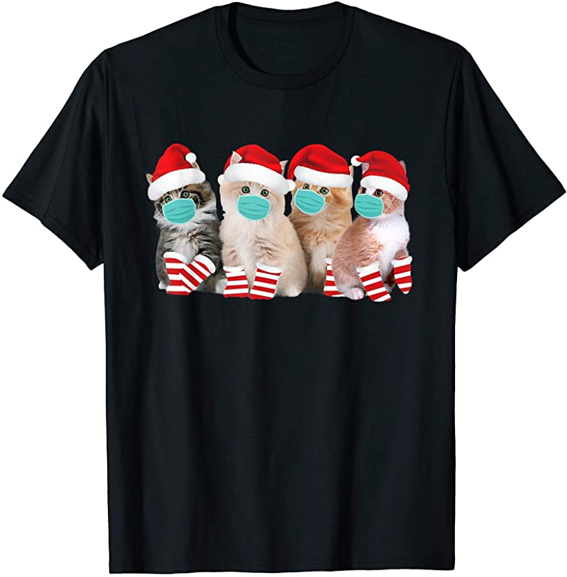 Kittens Wear Masks and Santa Hats Christmas Cat Lovers Gift T-Shirt