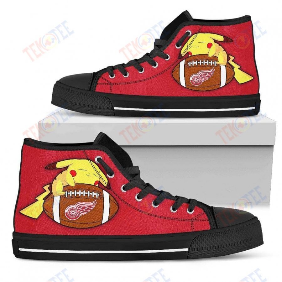 Mens Womens Detroit Red Wings High Top Shoes Pikachu Laying On Balltop Quality TMT343