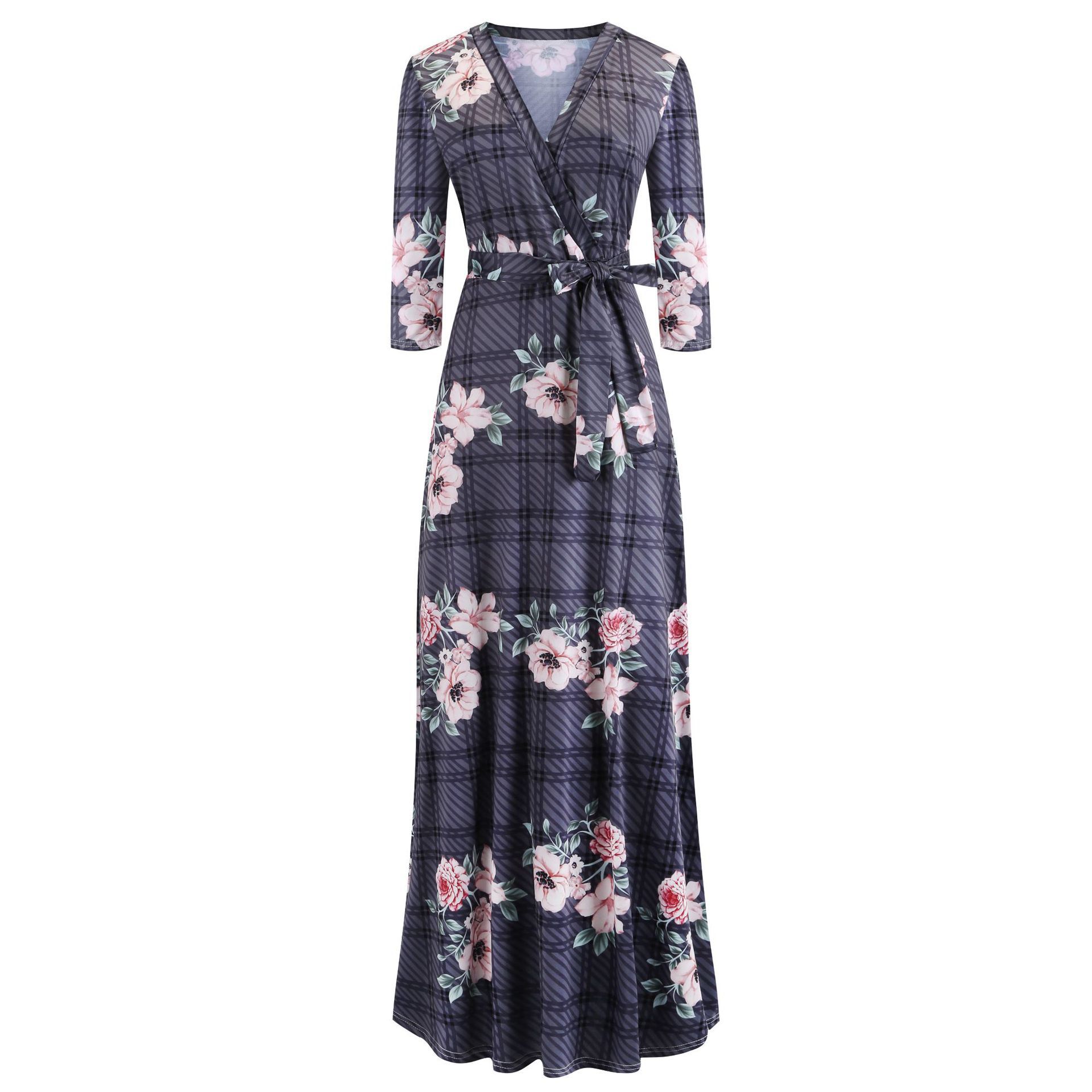 Women Floral Print Long Dress Sexy V Neck Pleated Female Casual Retro Maxi Dresses Vestidos Elegant Party Robe Dress S-5Xl alx