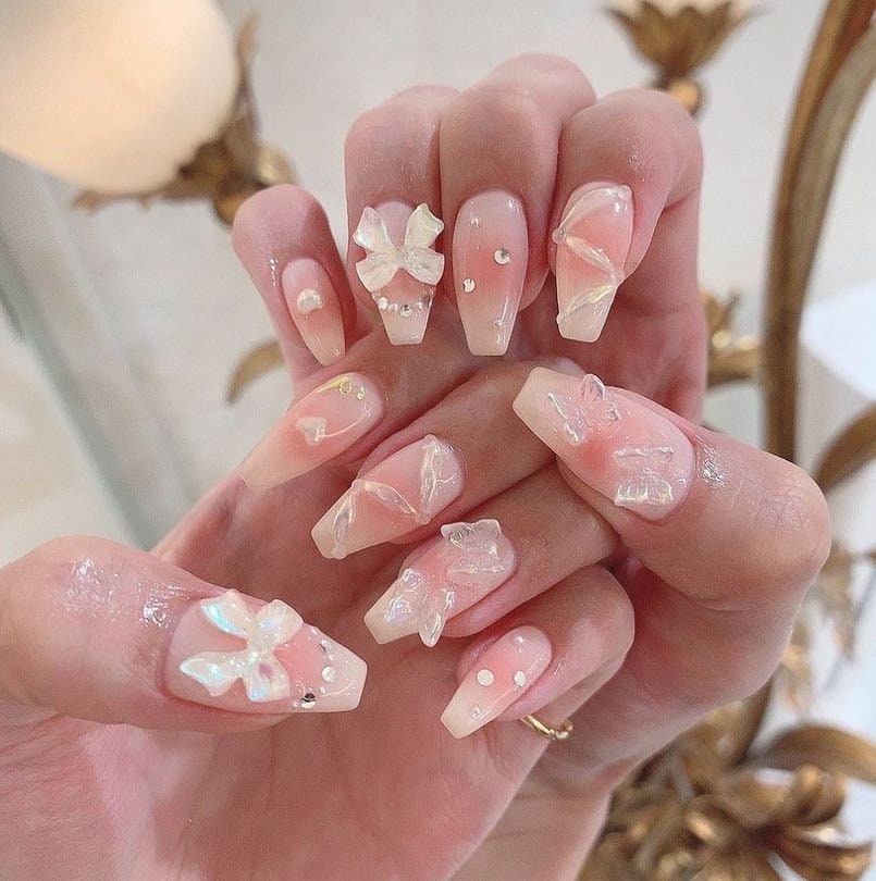 Light pink Bow and Butterfly Press On Nails/ bouquet Nails/ Cute Light Pink Nails/Pink Elegant Nails/ Wedding Nails/Cute Nails #15