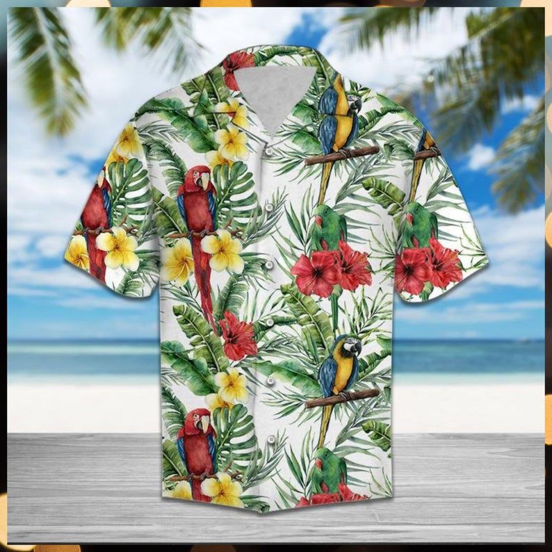 Parrot Hibiscus Hawaii Graphic Print Short Sleeve Hawaii Casual Shirt Ha46954