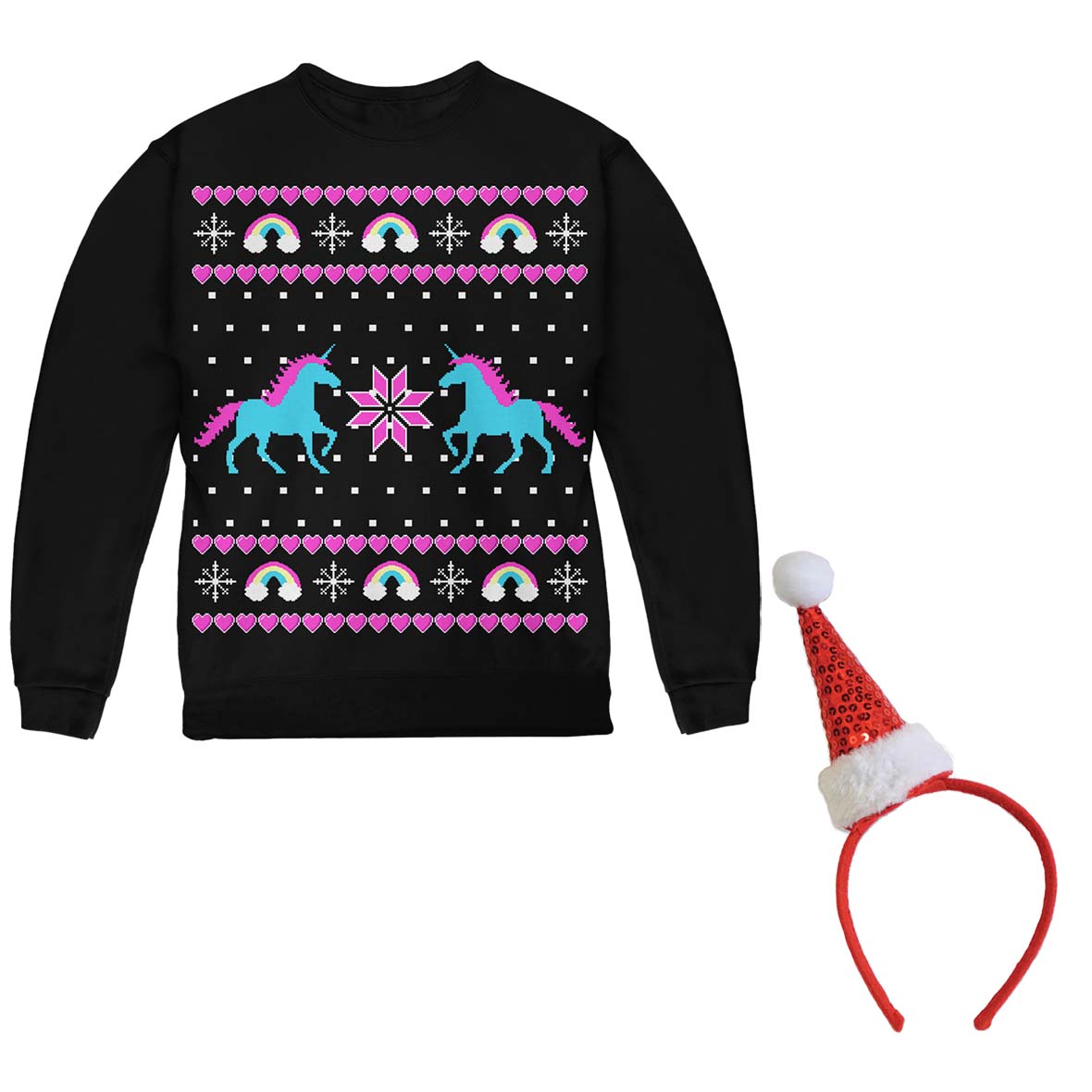 Unicorn Rainbow Ugly Christmas Sweater Youth Crewneck Sweatshirt With Santa Party Hat Headband