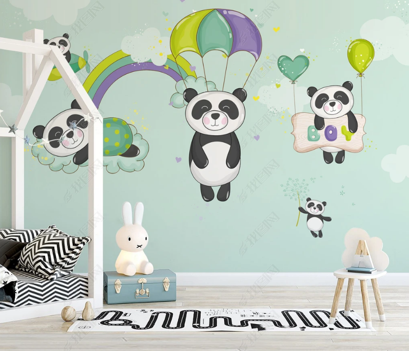 3D Cartoon Animal Panda Parachute Wall Mural Wallpaper Lqh 113