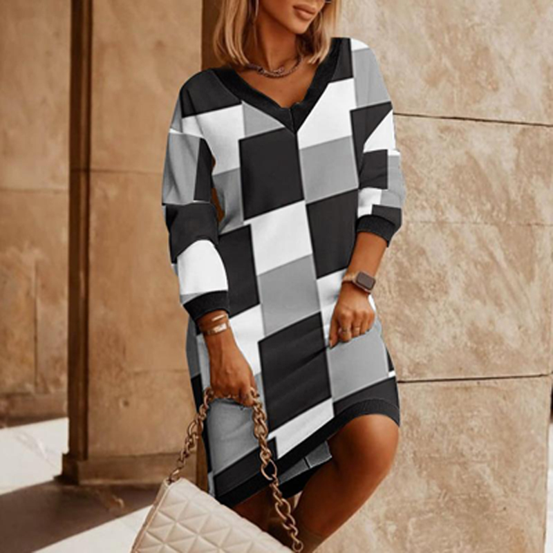 2022 Autumn Winter Dresses Women’s Office Fashion Print Long Sleeve Straight Dresses Lady Elegant Casual V-Neck Party Dress alx