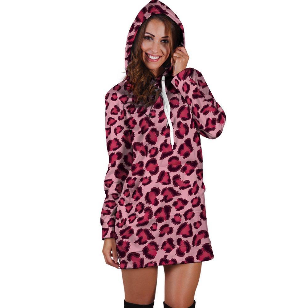 Pink Leopard Print Hoodie Dress