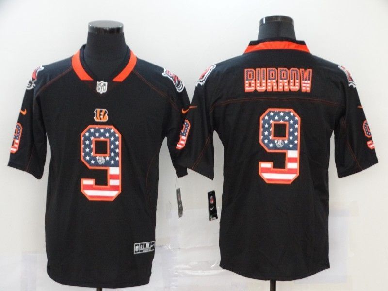 Cincinnati Bengals Joe Burrow #9 NFL 2020 Us Flag Black Jersey