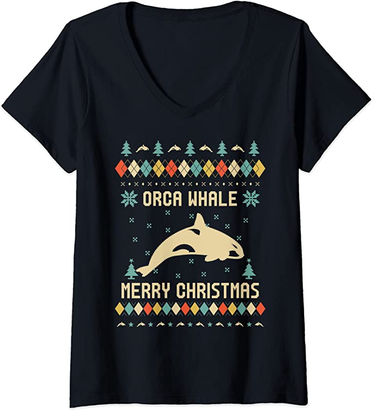 Womens ORCA WHALE Ugly Christmas Sweater Vinatge Retro V-Neck T-Shirt