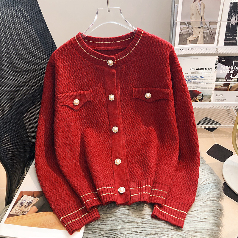 Autumn Winter Women Cardigan 2022 New Fashion Round Collar Single Breasted Knitwear Casual Red Sweater Jackets alx