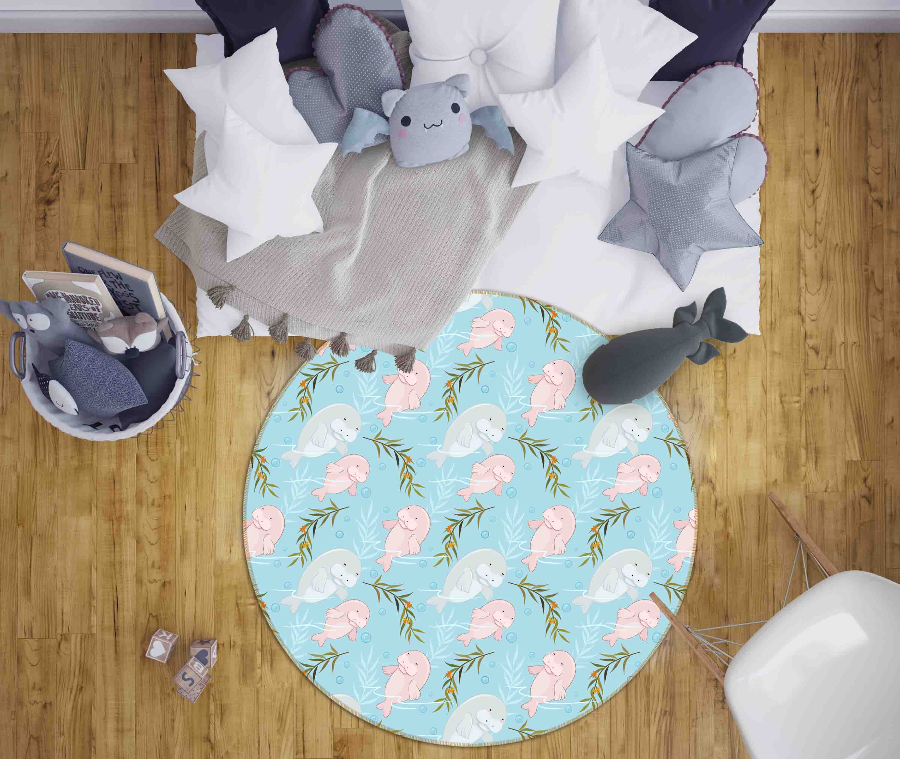 3D Cartoon Animal Dolphin Leaf Kids Non-Slip Round Rug Mat 106