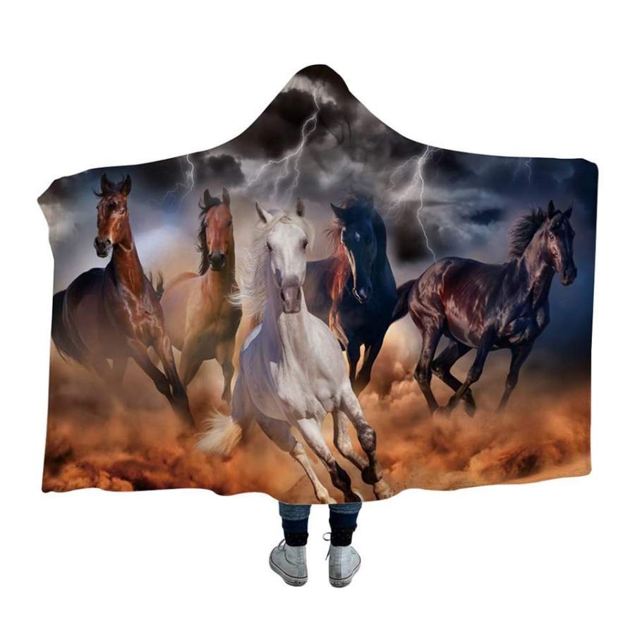 Thunderstorm Horses Hooded Blanket