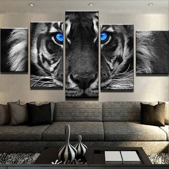 Blue Eyed Tiger Animal 5 Panel Canvas Art Wall Decor