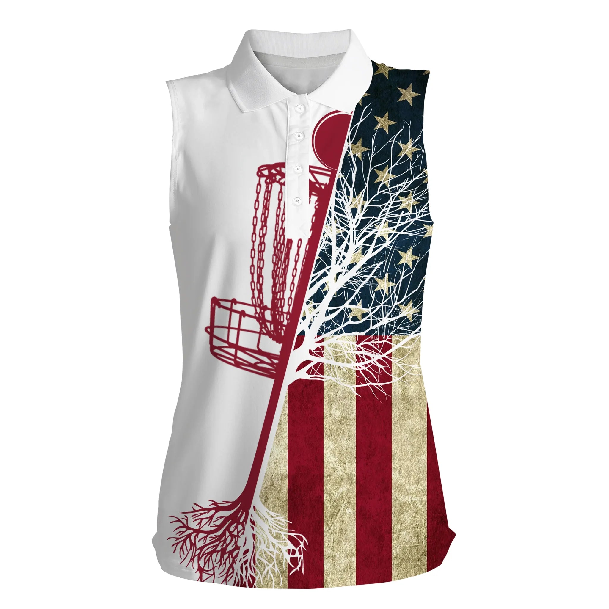 Women’S Disc Golf Sleeveless Polo Shirt Vintage American Flag Disc Golf Basket, Patriot Disc Golf Shirt