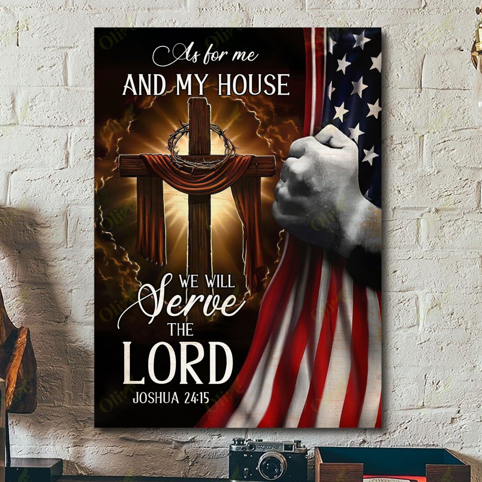 America Flag With The Cross Poster – We Will Serve The Lord Canvas Home Decor Gifts For Mother Day Grandma