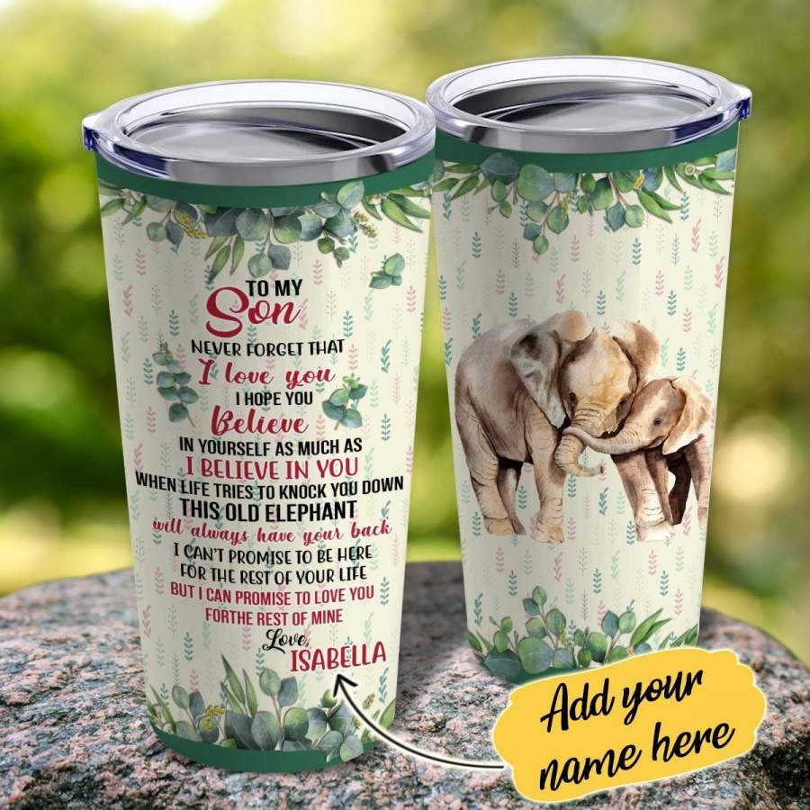 Personalized Custom Mom Dad Name To My Son Elephant Stainless Steel Insulated Tumbler Cup 17oz/20oz/30oz