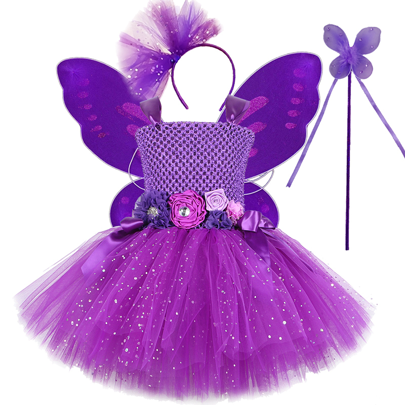 Sparkly Purple Fairy Tutu Dress for Girls Halloween Costume Glittery Butterfly Princess Dresses with Wings Kids Birthday Outfit alx