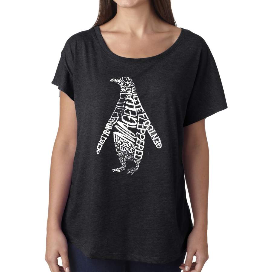 LA Pop Art Women’s Dolman Word Art Shirt – Penguin