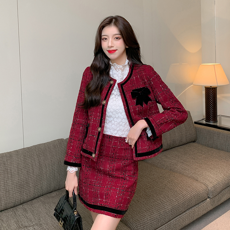 Small Fragrance Woolen Tweed Outfits Women’s Bow Long Sleeve Single Breasted Jacket + High Waist Mini Skirt Suits Two Piece Set alx