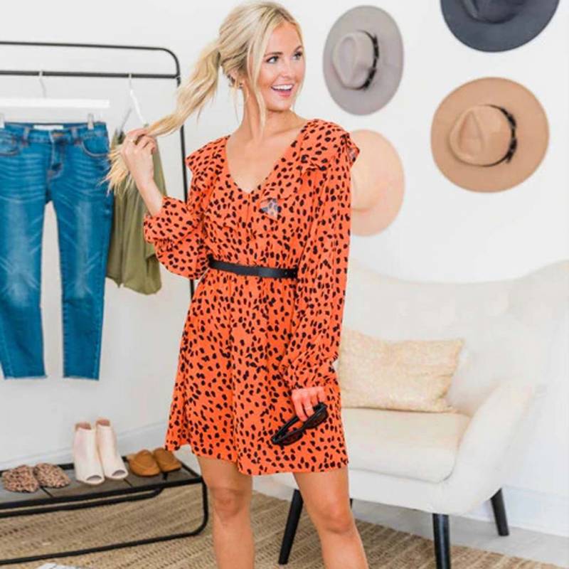 Sexy V-Neck Long Sleeve Ruffled Hem Flare Sleeve Leopard Dress