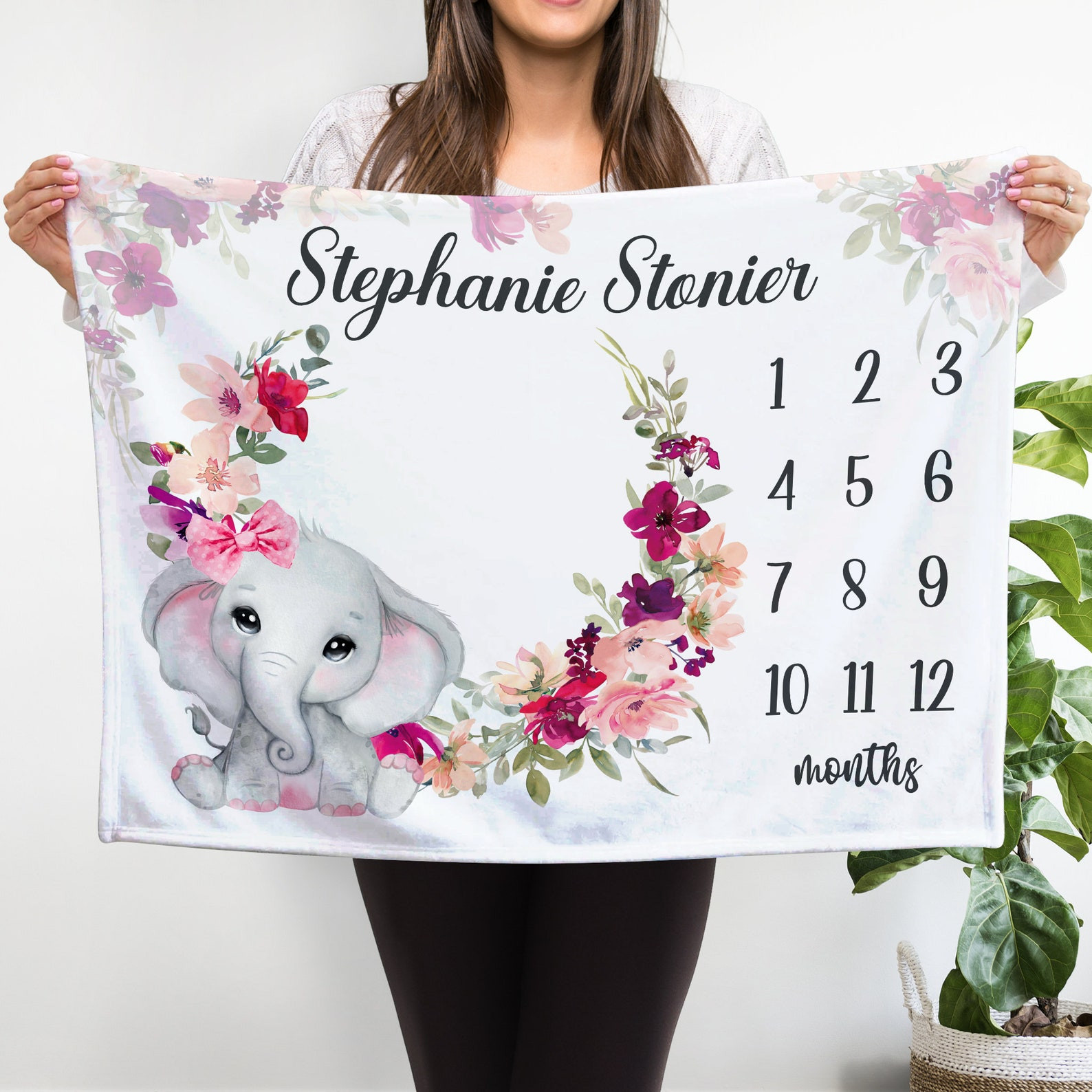 Personalized Elephant Floral Monthly Milestone Blanket, Newborn Blanket, Baby Shower Gift Track Growth Keepsake