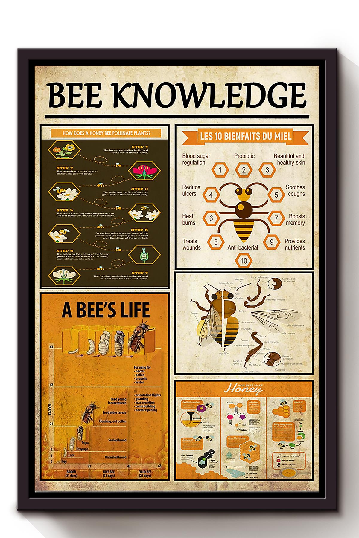 Bee Knowledge Wall Art For Beekeeper Farmhouse Decor Framed Matte Canvas