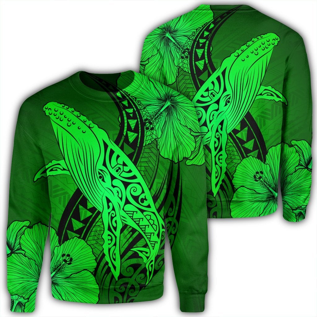 Hawaiian Map Whale Swim Hibiscus Polynesian Sweatshirt – Green – Ah