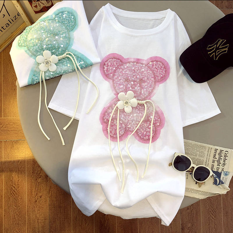 Tshirts For Women Summer Korean Fashion 100% Cotton Short Sleeve Tshirt Bear sequins Designer Clothes Women Luxury Tops S-4XL alx