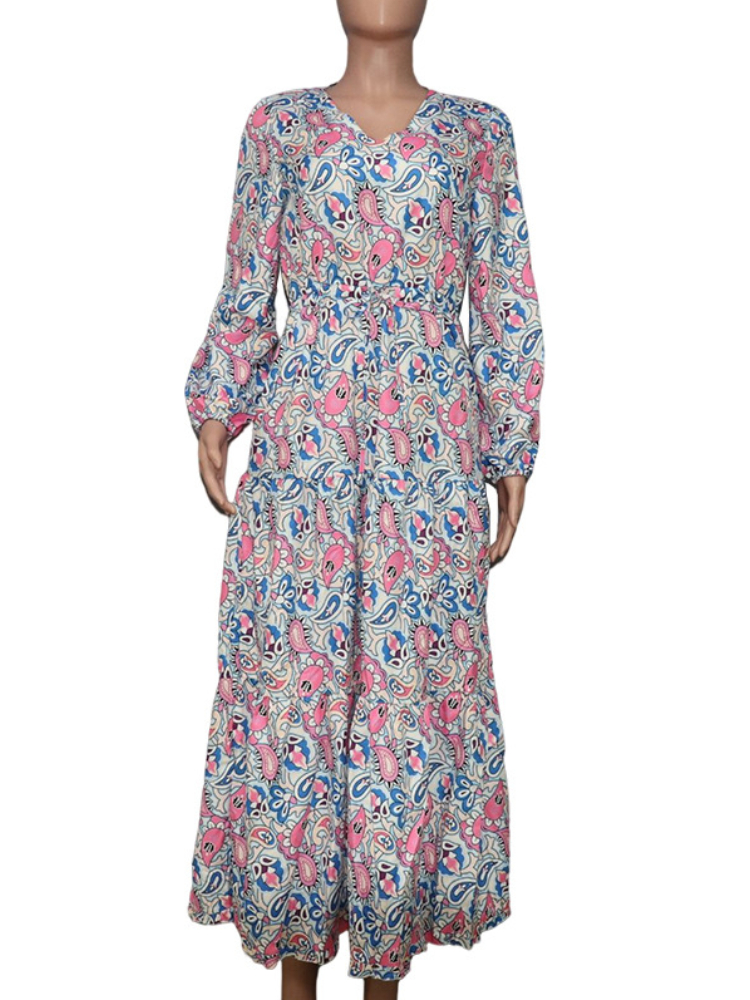 Women Vintage Chic V-Neck Bohemian Print Long Dress Female Tunic Robe Long Sleeve Floral Print Maxi Dress Autumn 2022 Dress alx