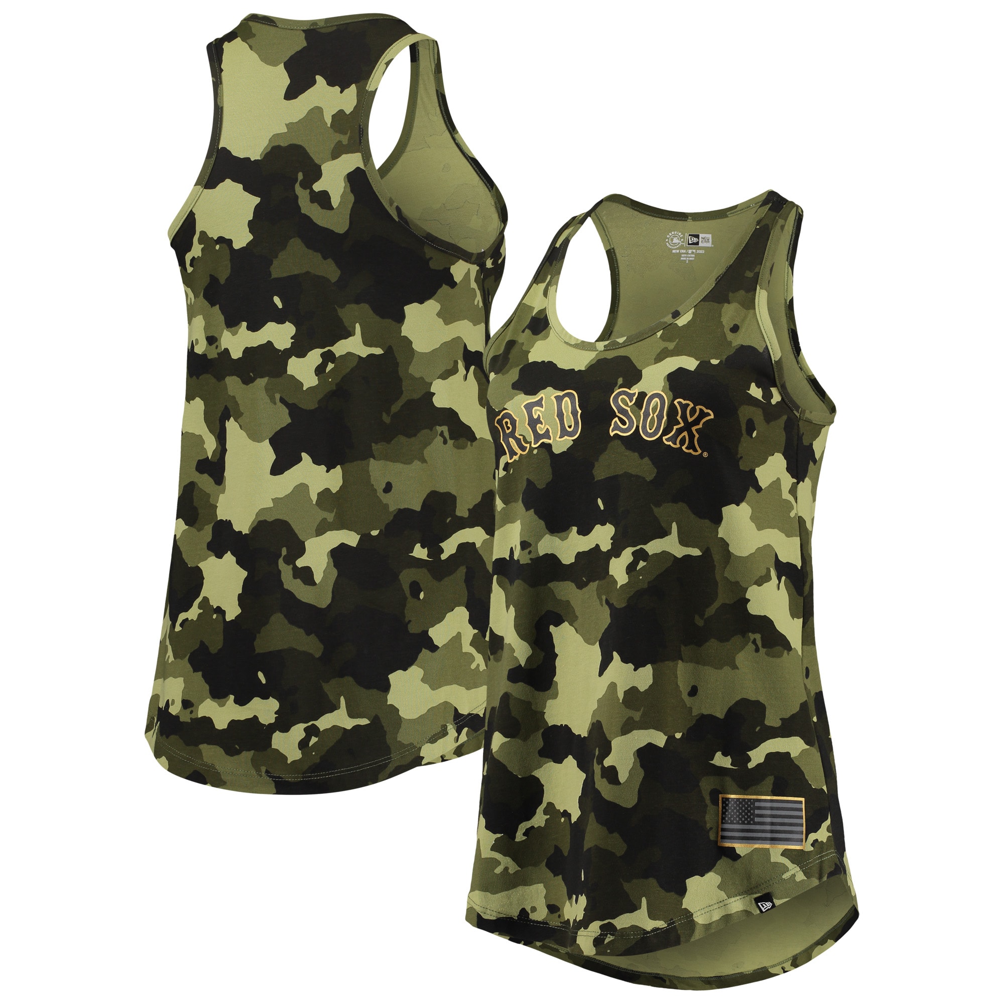 Boston Red Sox New Era Womens 2022 MLB Armed Forces Day Camo Racerback Tank Top – Green