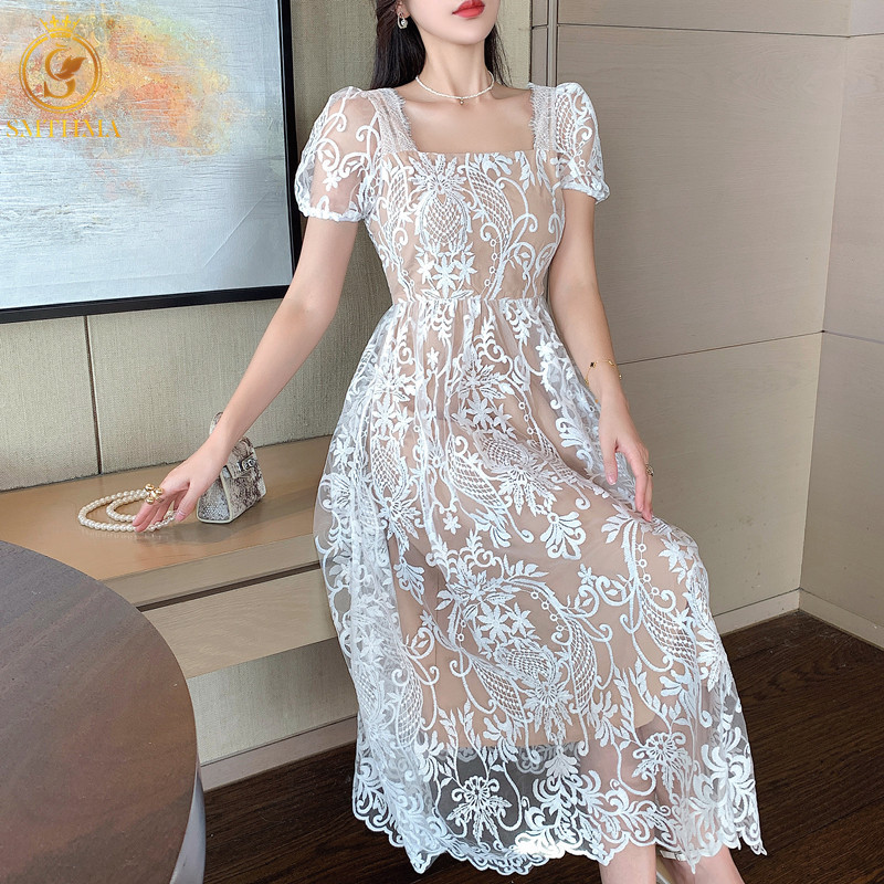 SMTHMA Women’s New Arrival Runway Elegant Lace Hollow Out Long Dress Ladies Short Sleeve Flower Holiday Party Dresses Robe alx