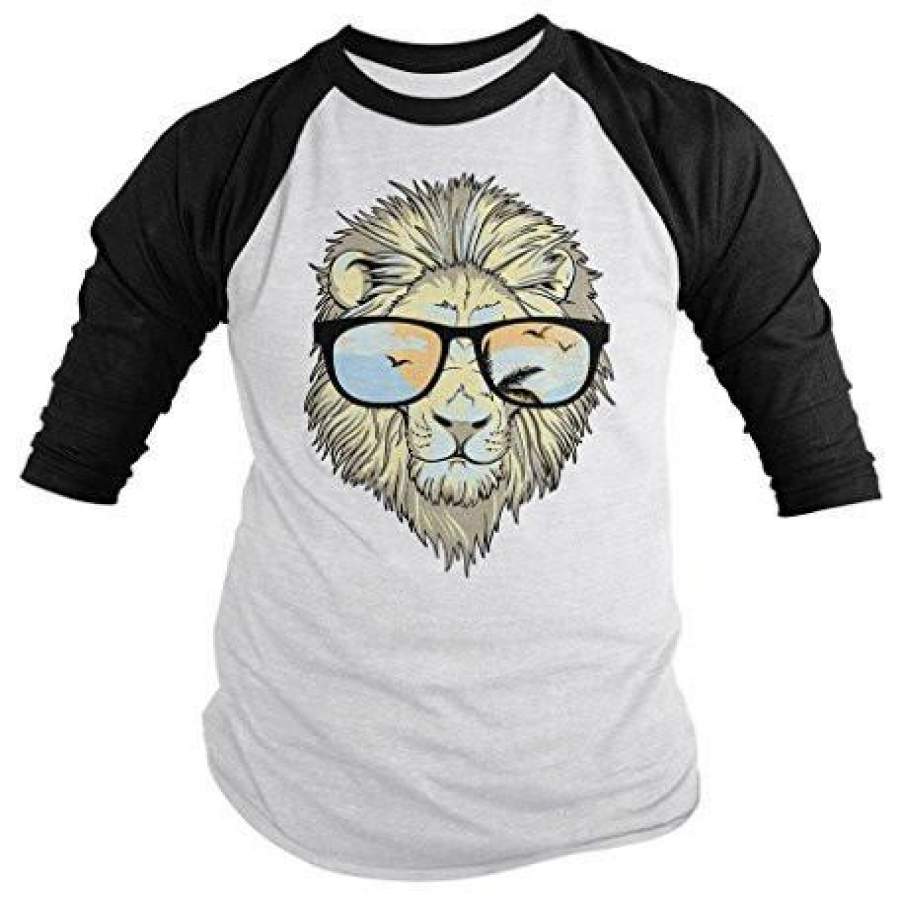 Shirts By Sarah Men’s Hipster Lion 3/4 Sleeve T-Shirt Big Cat Shirts Summer Raglan Shirts