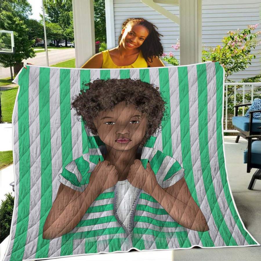 Africa Kid Art Quilt Blanket – African Curly Hair Kid Vintage Green White Quilt Blanket Christmas Gift Ideas