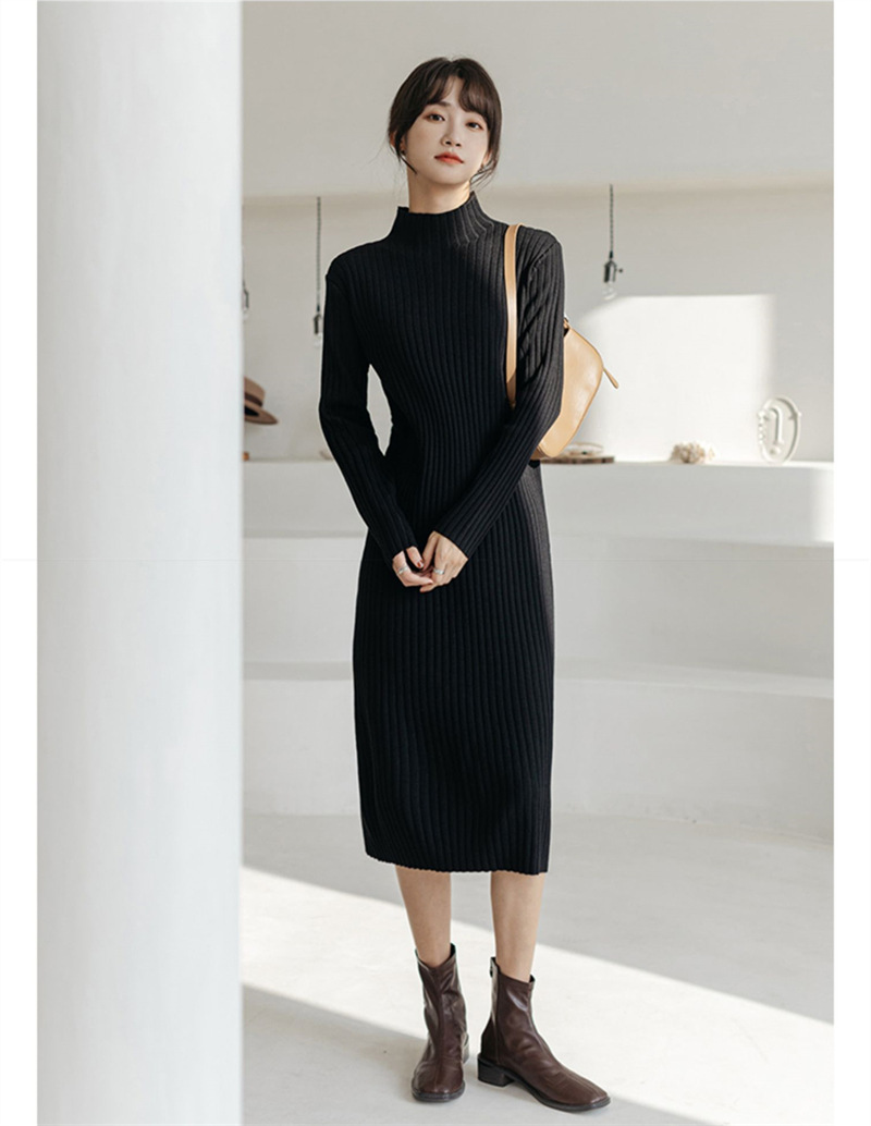 Autumn Winter Casual Soft Solid Fashion Women’s Slim Gentle Temperament Dress Knit Warm Turtleneck Long Skirt Sexy alx