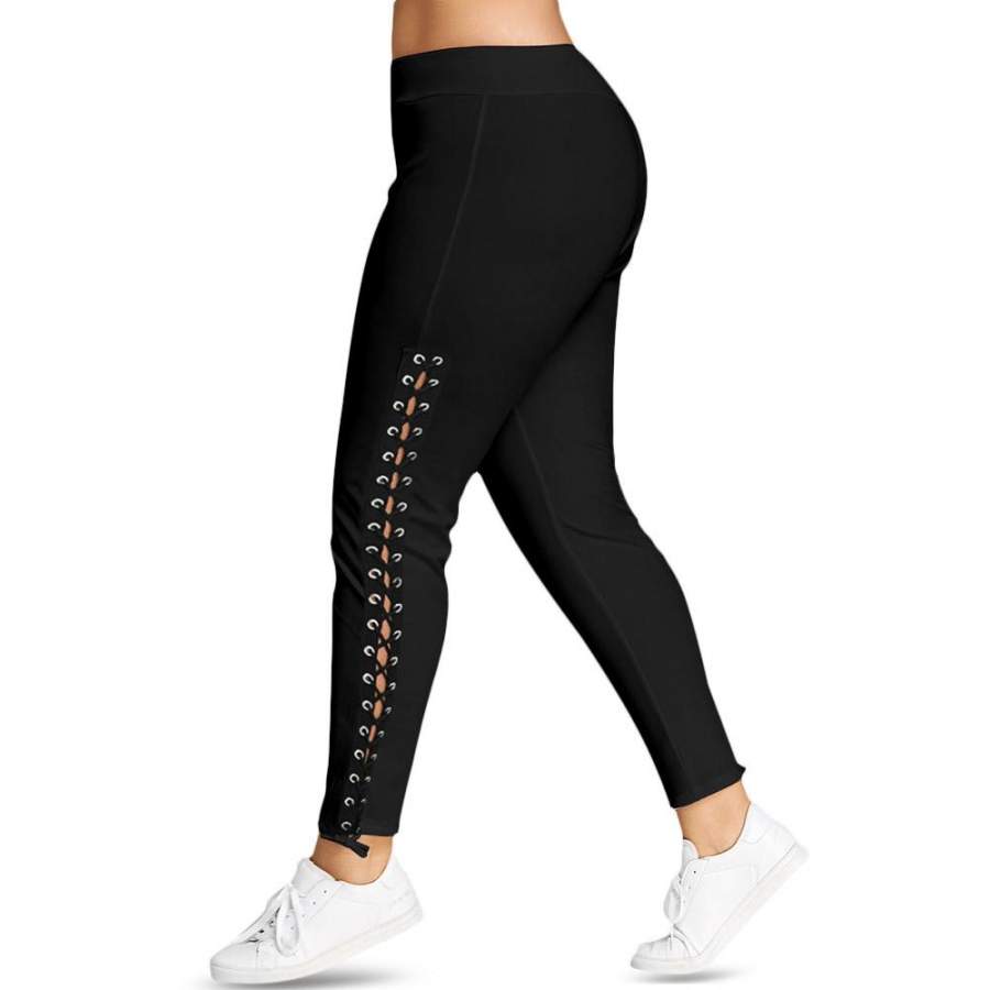 AZULINA Plus Size Lace Up Grommet Leggings 2018 Skinny Leggins Women Pencil Pants Trouser Black White Leggings 2018 Big Size 5XL