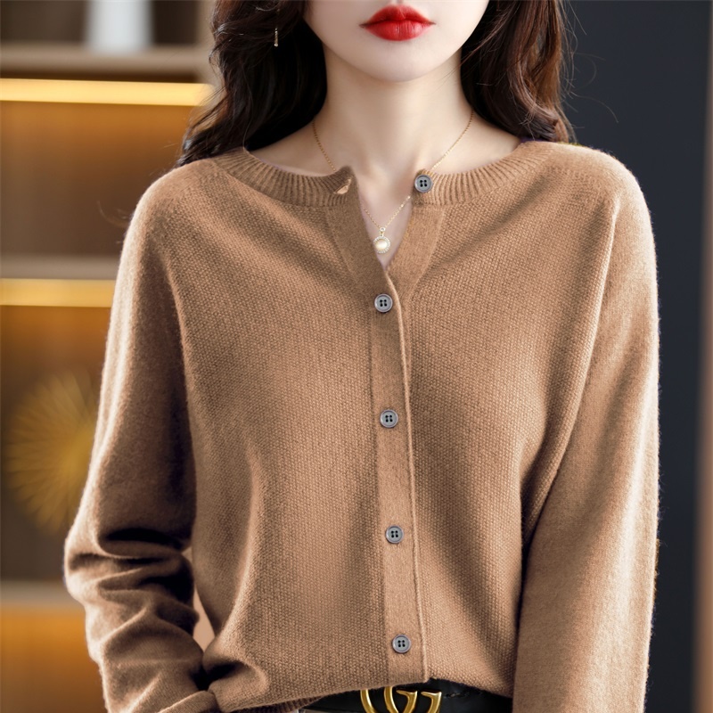 Autumn Ladies Cardigan 100% Wool Natural Fiber Round Neck Raglan Sleeves Fashion Sweater Seamless One Line Forming Clothes alx