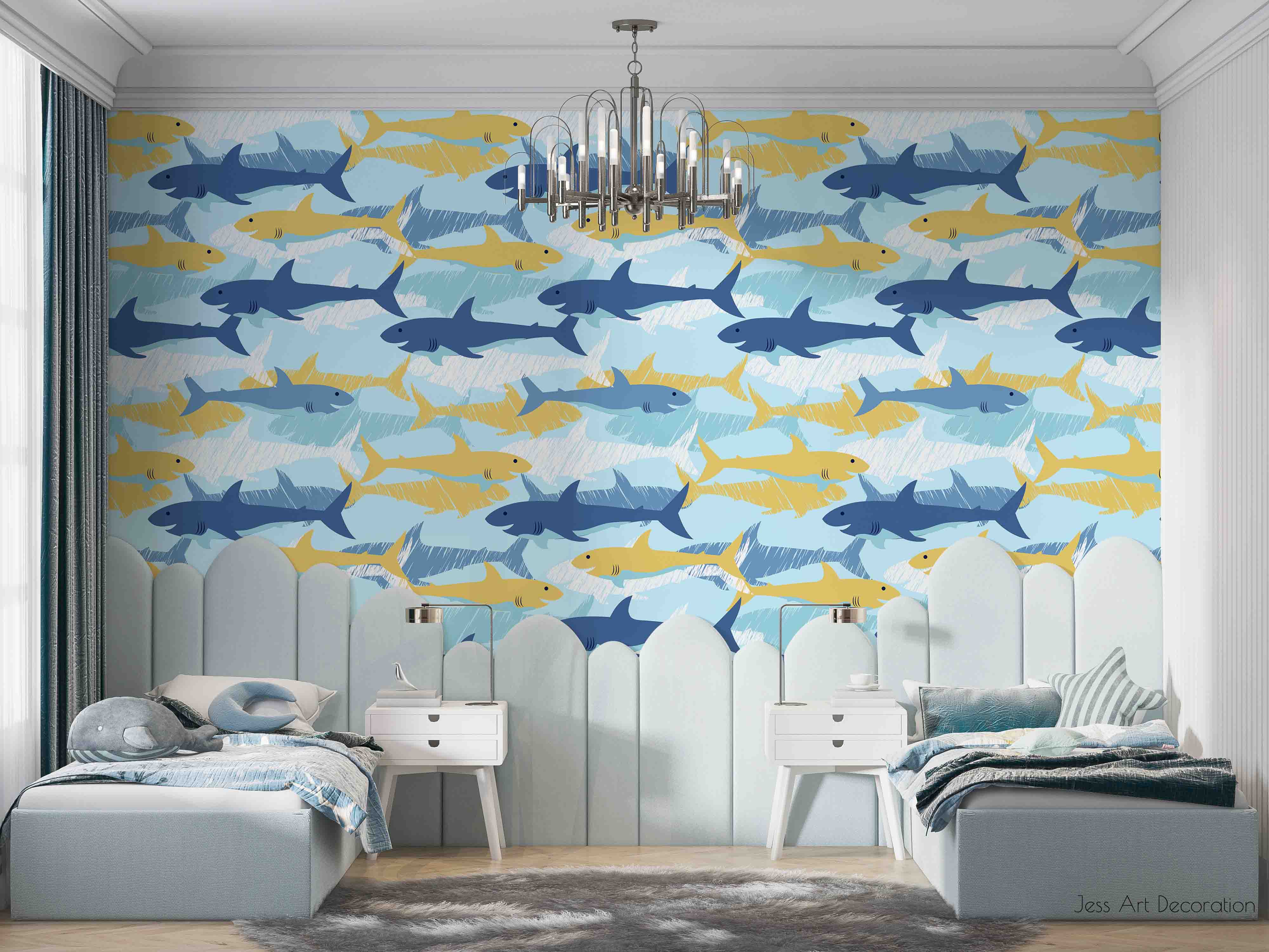 3D Cartoon Shark Blue Yellow Wall Mural Wallpaper Gd 3111