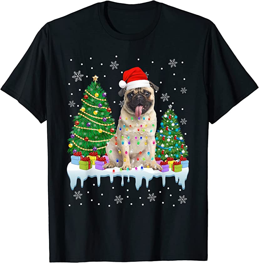 Pug Dog Christmas Tree Funny Xmas Lights Puppy Lover T-Shirt