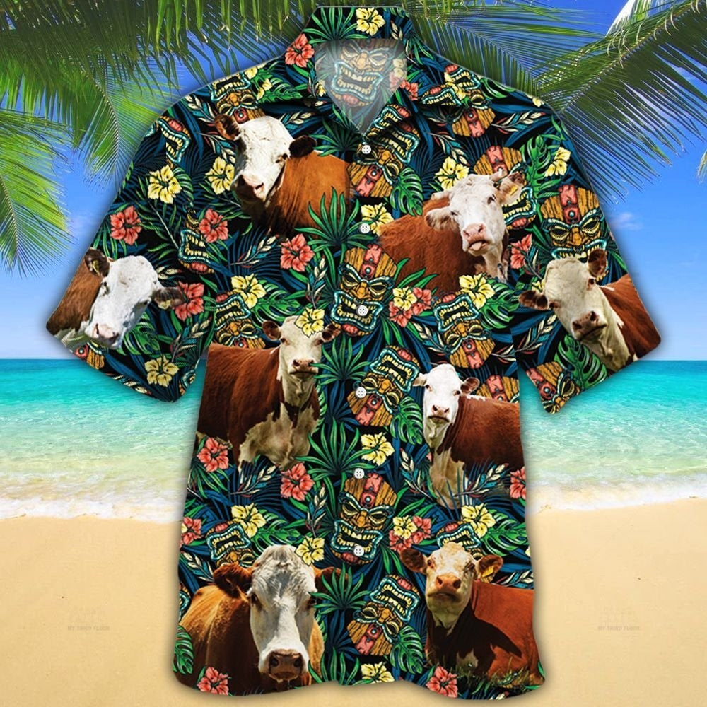 Hereford Cattle Lovers Tribal Tiki Mask Hawaii Shirt Ha96150