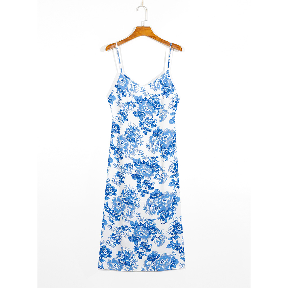 Summer Dresses For Women 2021 Elegant Vintage Blue And White Porcelain Floral Midi Dress Spaghetti Strap Sexy Backless Dress alx