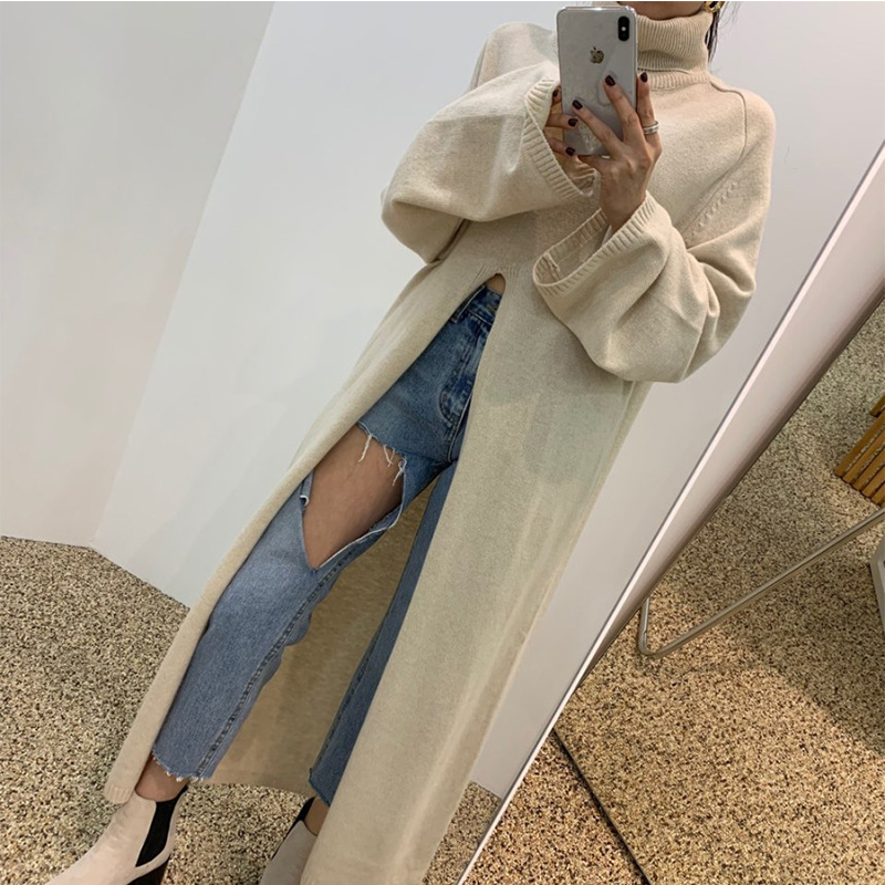 Turtleneck Knitting Dress for Woman Apricot Chic Full-sleeve Vintage Split Knitted Dress Woman Korean Fashion Autumn Clothing alx