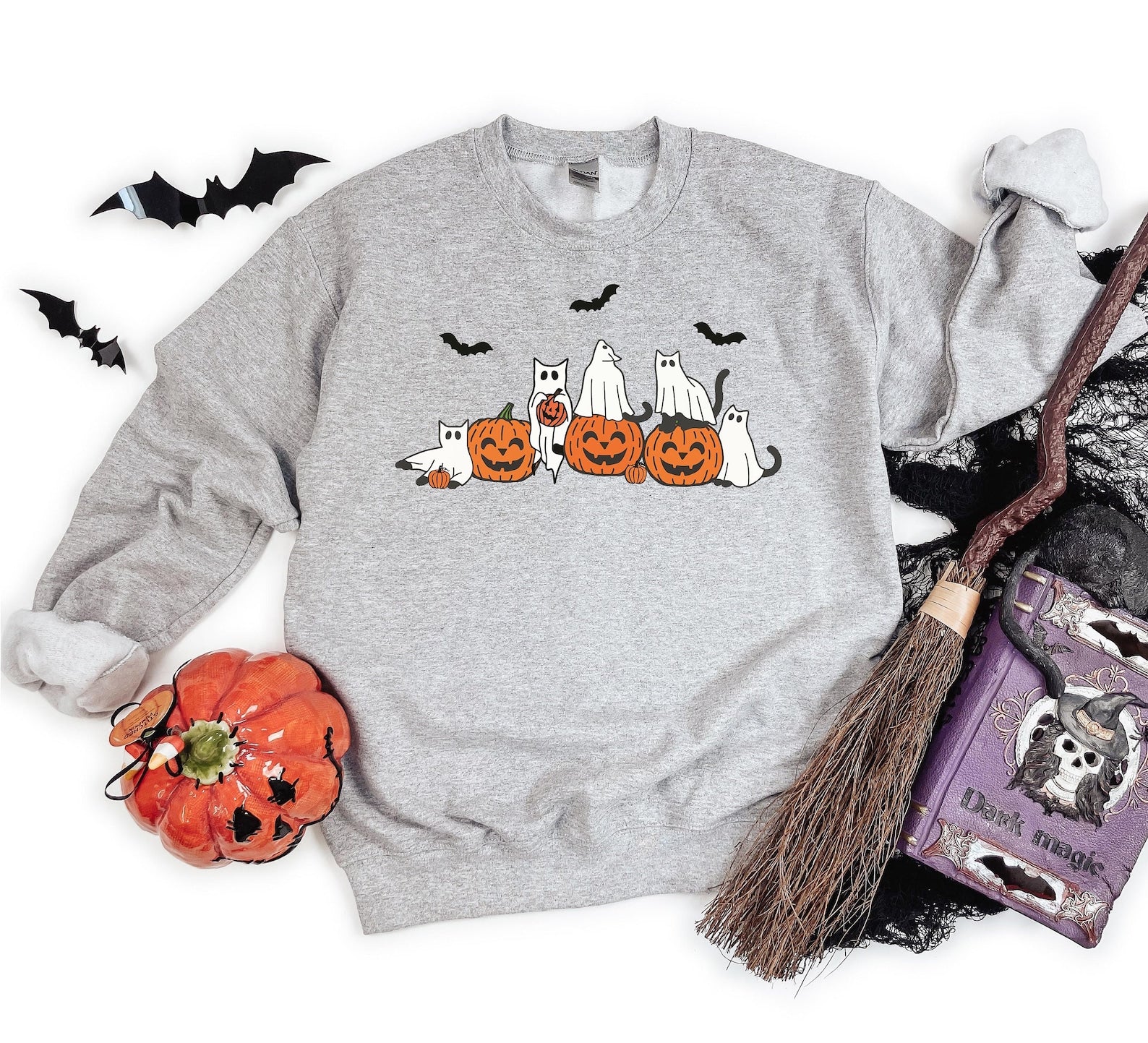 Ghost Cats Halloween Sweatshirt, Halloween Gifts, Pumpkin Sweatshirts, Ghost Black Cat Sweat,Bats And Cats Women Clothing