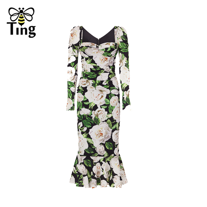 Tingfly 2020 Runway Designer Floral Flower Luxury Mermaid Party Dresses Vintage Elegant Lady Square Neckline Midi Long Vestidos alx