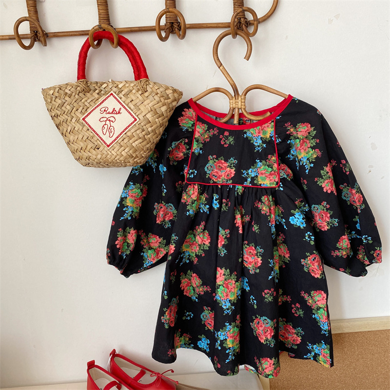 2022 Korean Autumn New Retro Girls’ Dresses Children’s Contrast Color Large Flower Cotton Dress alx