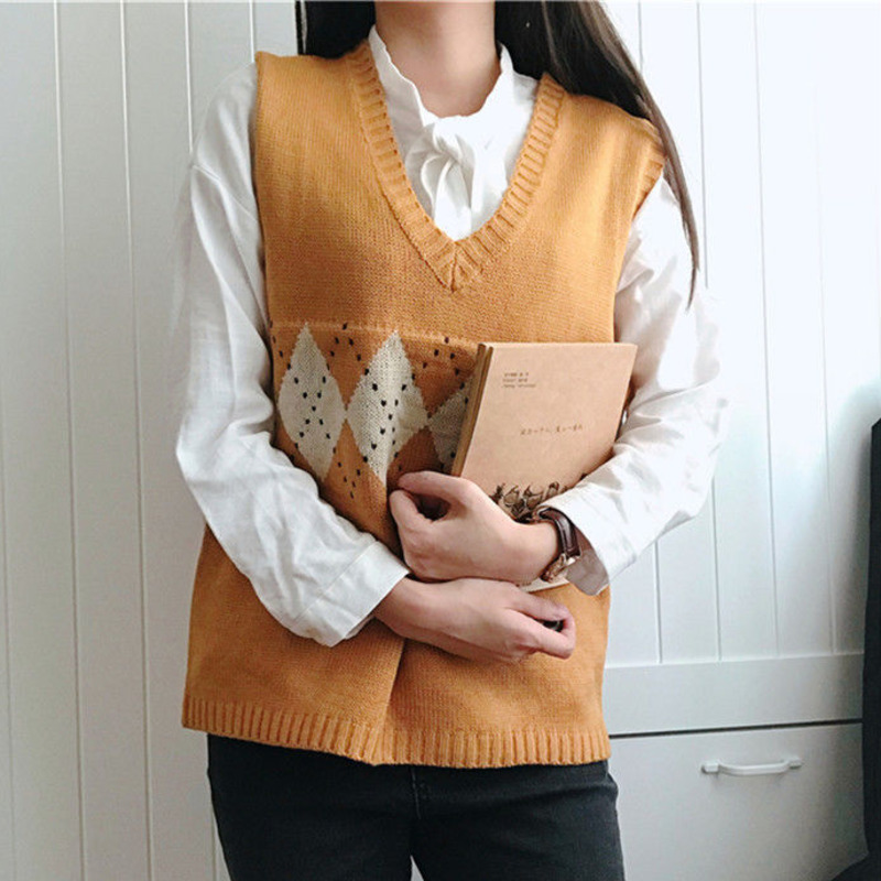 Women Sweaters Vest Winter Argyle Knitted Sweater Ladies Geometric Pattern Pullovers Tops Female Oversize Tank Tops Pull Femme alx